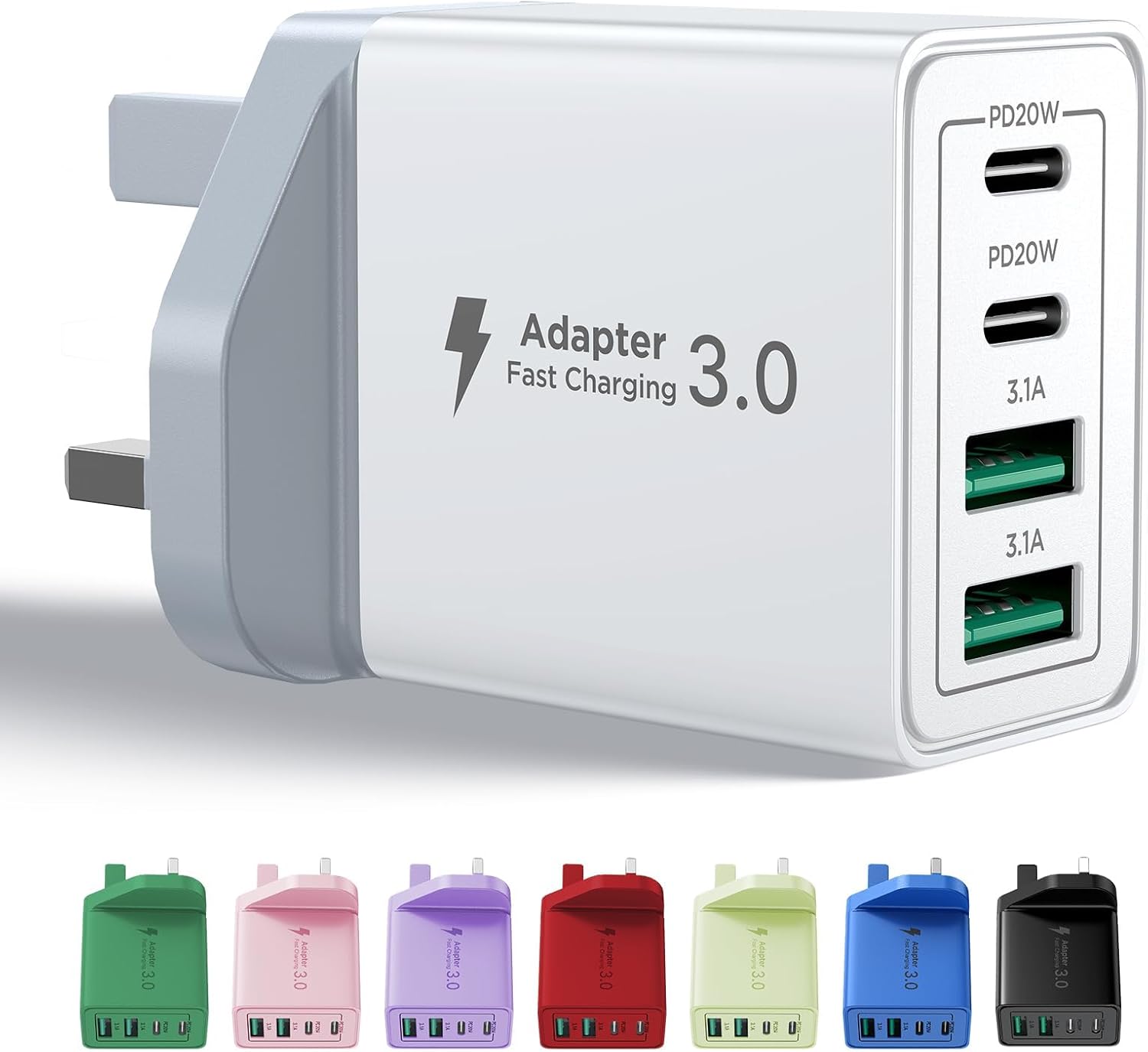 USB C Plug Fast Charge, 40W 4-Port Multi USB Charger Plug UK Dual Port PD Power Adapter +QC Wall plug Multiport Mains Type C Charging Plug