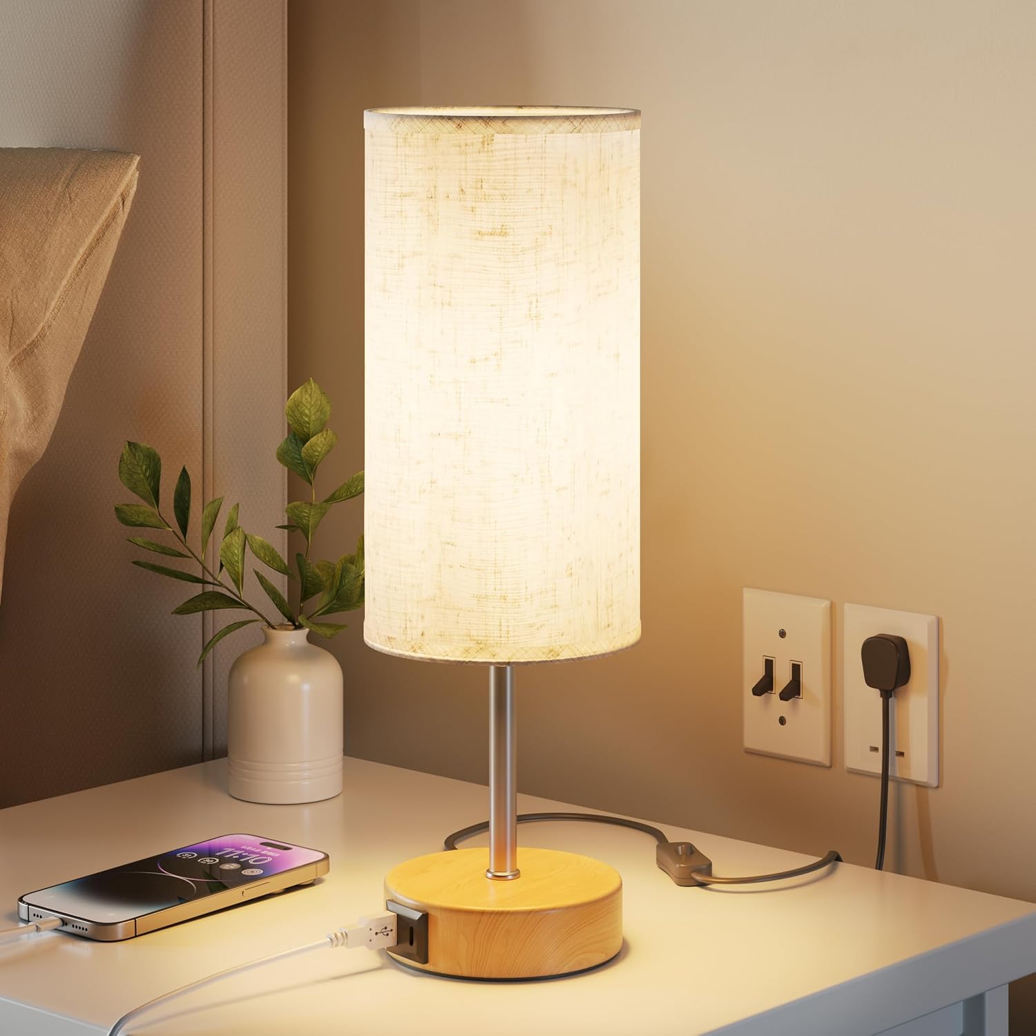 Bedside Lamps, Table Lamp for Bedroom/Living Room/Study Room/Office | Desk Lamp with USB A+C Charging Ports, 3-Way Dimmable Touch Lamp, Warm Light, Linen Shade, 1.5 m Cable, E27 Incl., Wood Grain