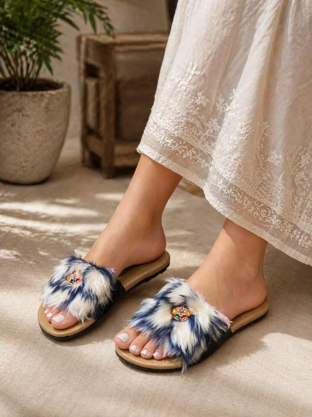 Fur Embroidered Flats for Women Blue Warm Comfort