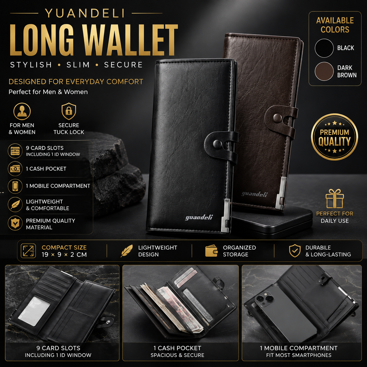 Yuandeli Long Wallet for Men & Women – Tuck Lock Wallet with 9 Card Slots, ID Window, Mobile Compartment & Cash Pocket