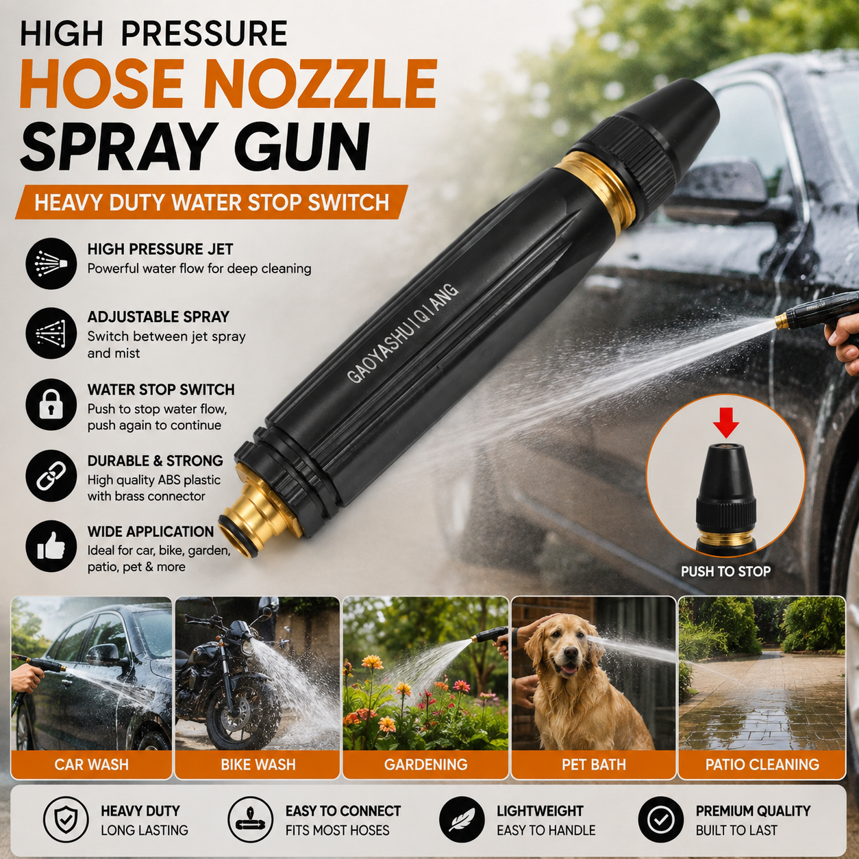 High-Pressure Plastic Hose Nozzle Spray Gun - Heavy Duty Water Stop Switch Jet Nozzle