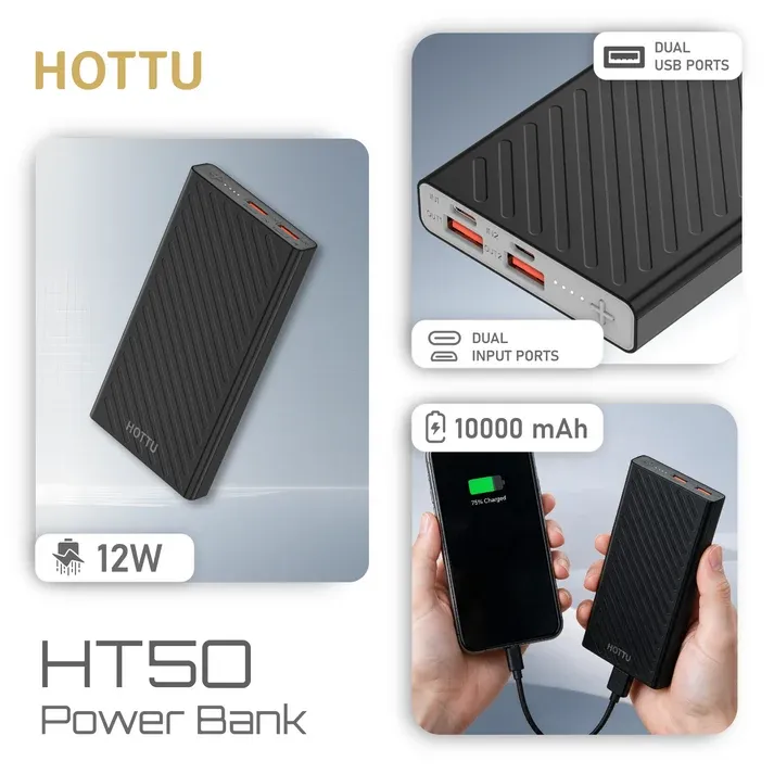 HOTTU HT50 Eco Volt 10000mAh Power Bank – 12W Fast Charging & Dual Input