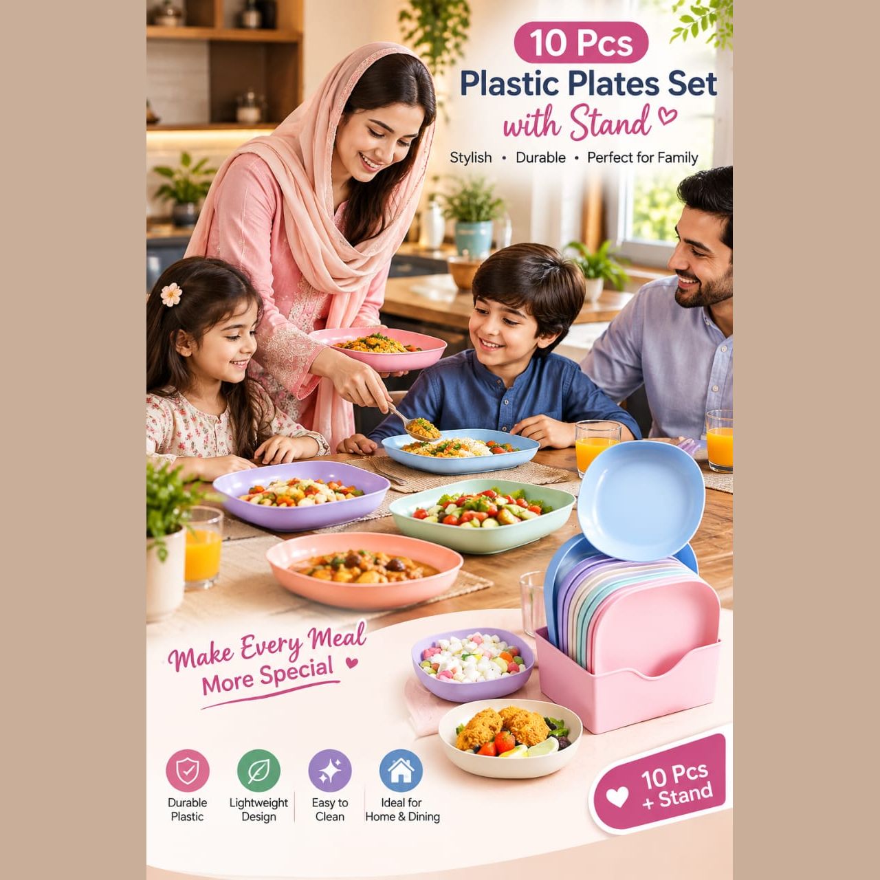 10 Pcs Plastic Plates Set with Stand Colorful Durable Dining