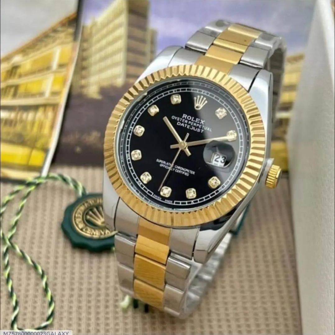 Oyster Watch Gold Rolex Fluted Bezel Olive Green Dial