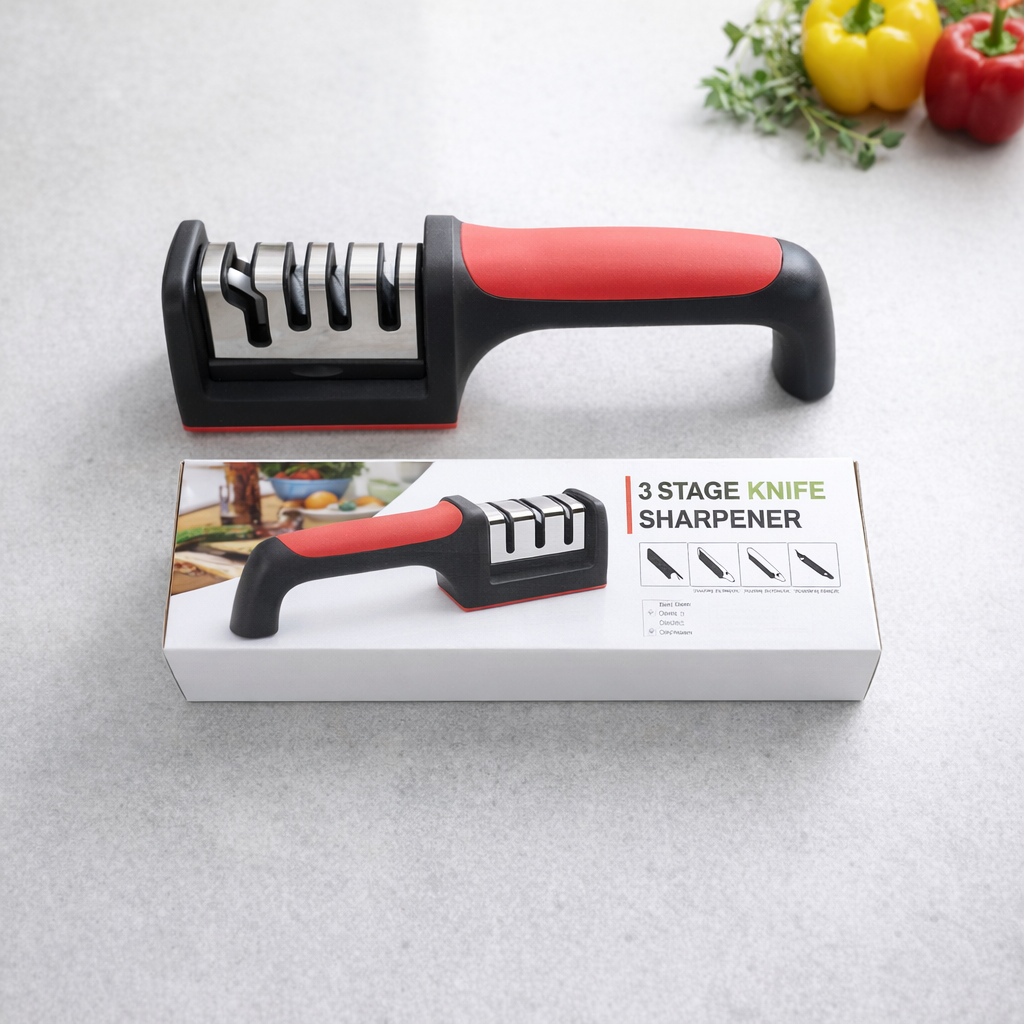 Professional 3-Stage Kitchen Knife Sharpener Manual Sharpening Tool for Steel Ceramic Knives Ergonomic Handle Non-Slip Base Effortless Grip — photo 2