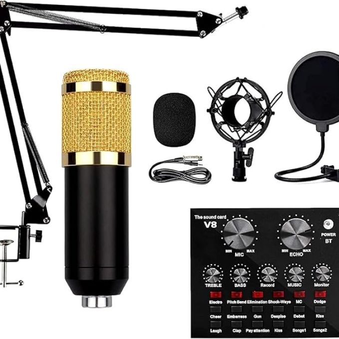 Podcast Mic Set With Live Sound Card,condenser Microphone Rechargeable 12 Kinds Of Auxiliary Background For Karaoke Singing, Youtube Recording
