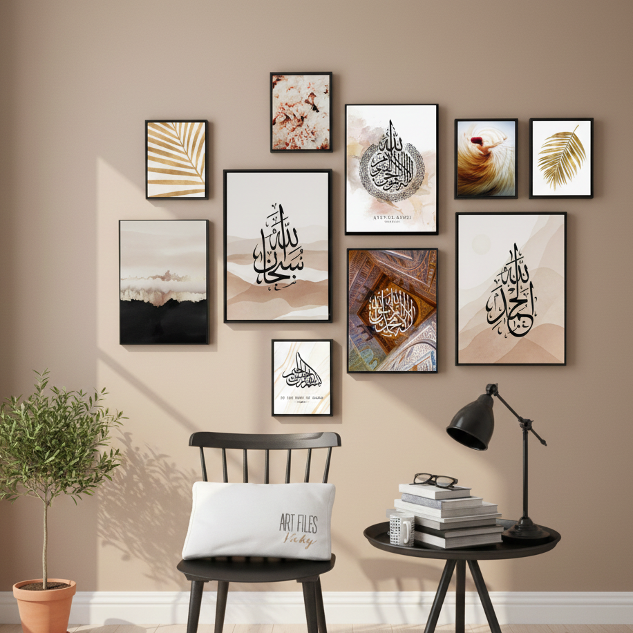 10Pcs Islamic Calligraphy Photo Tiles 10 Piece Set with Double Tape, Small 5x7 Large 8x11 Frames