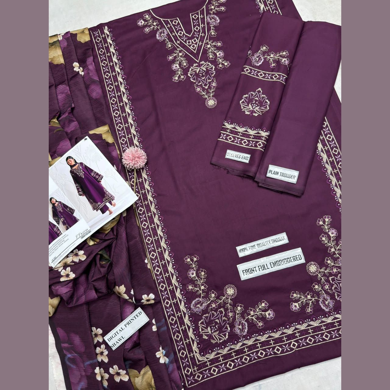 Iznik 2739- Dhank embroidered 3pc with digital wool shaal — photo 3