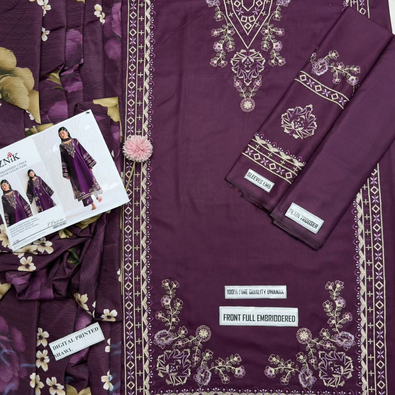 Iznik 2739- Dhank embroidered 3pc with digital wool shaal — photo 5