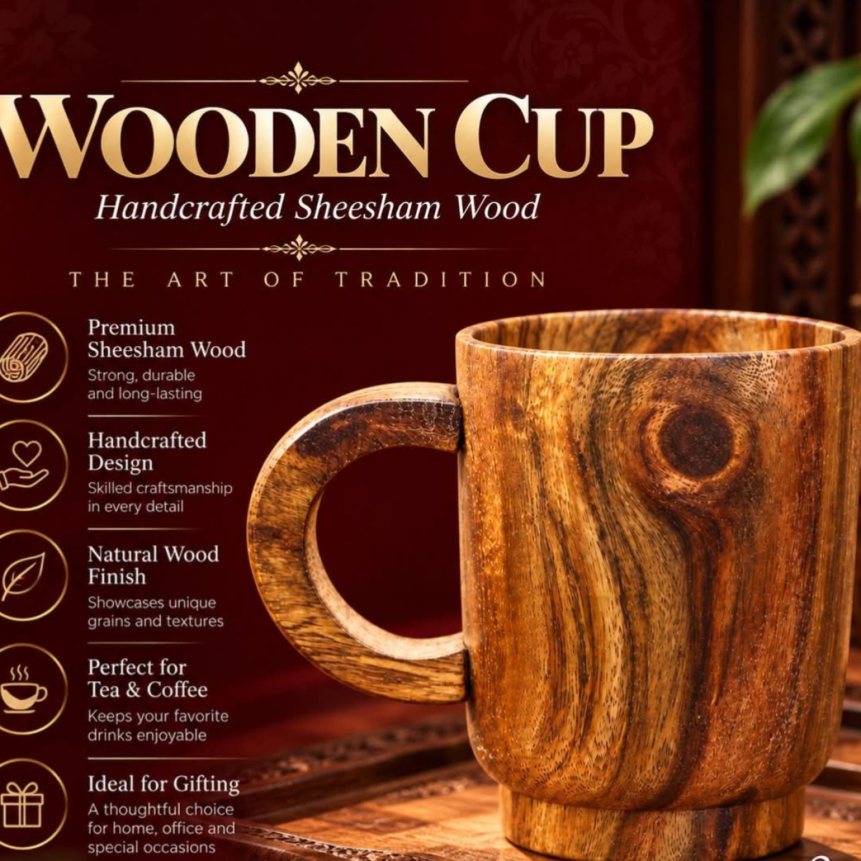 Handcrafted Wooden Teacup, Natural Wood Finish