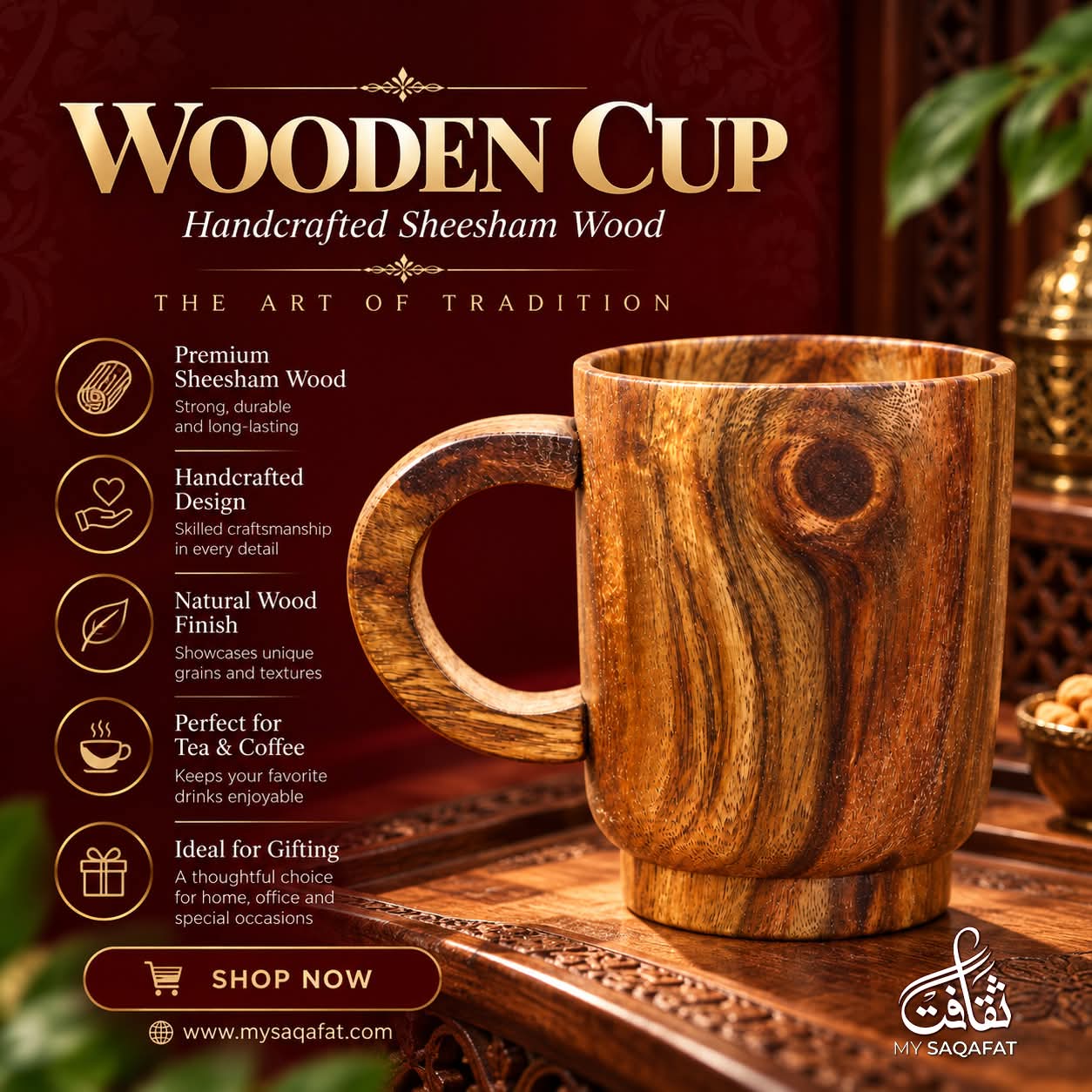 Handcrafted Wooden Teacup, Natural Wood Finish — photo 2