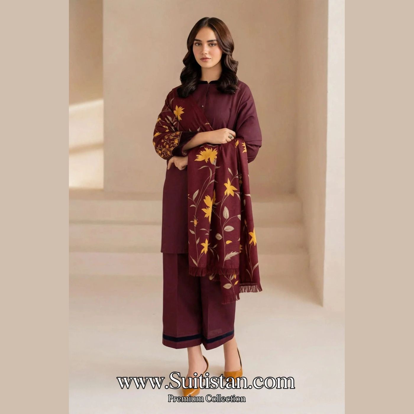 Maroon Blossom - Premium 3 Pcs Embroidered Unstitched Suit