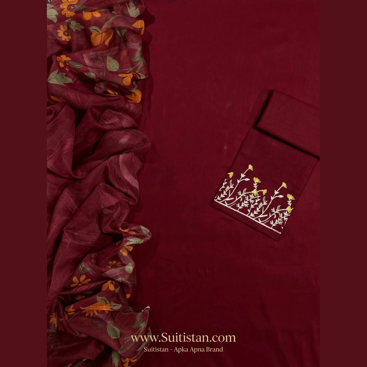 Maroon Blossom - Premium 3 Pcs Embroidered Unstitched Suit — photo 2