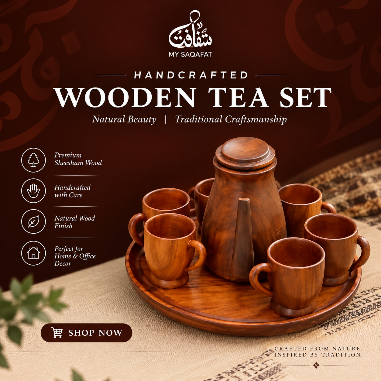 Wooden Tea Cup And Glass Set
