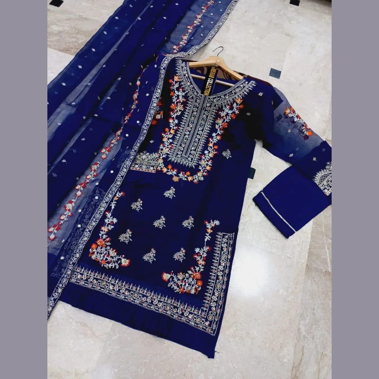 Navy Blue Organza 3-Piece Suit for Wedding