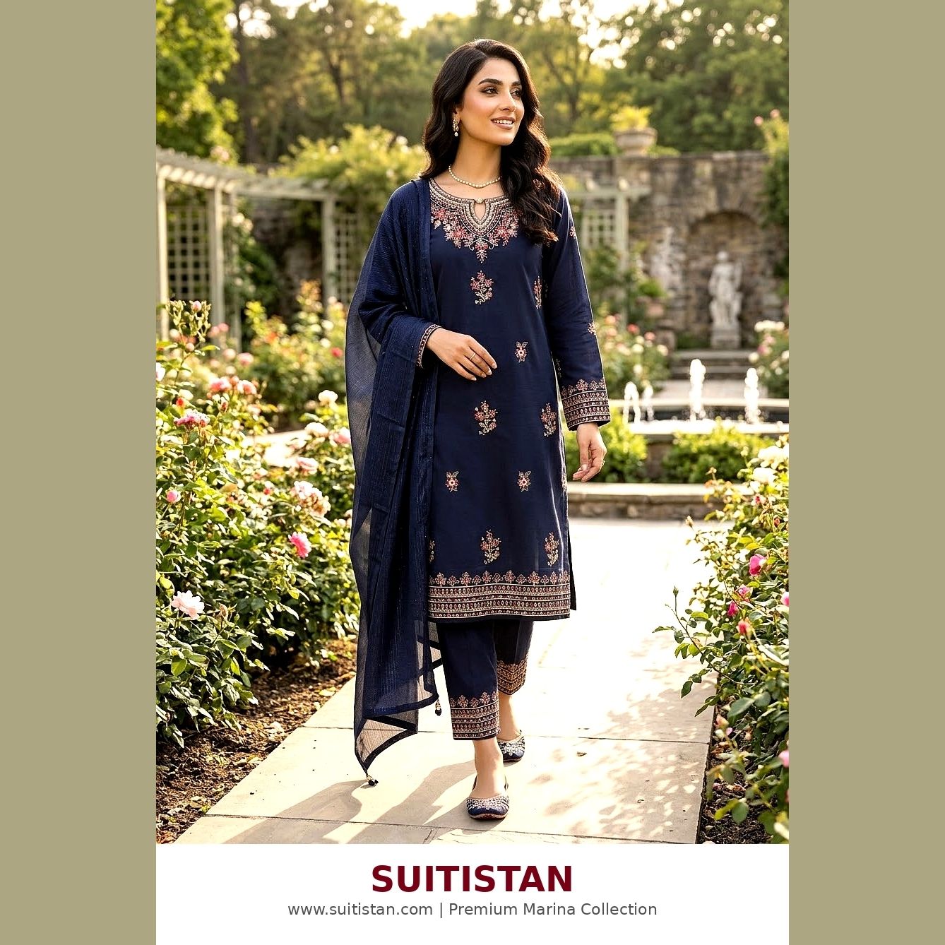 Navy Blossom - Premium 3Pc Embroidered Marina Suit - Winter Collection