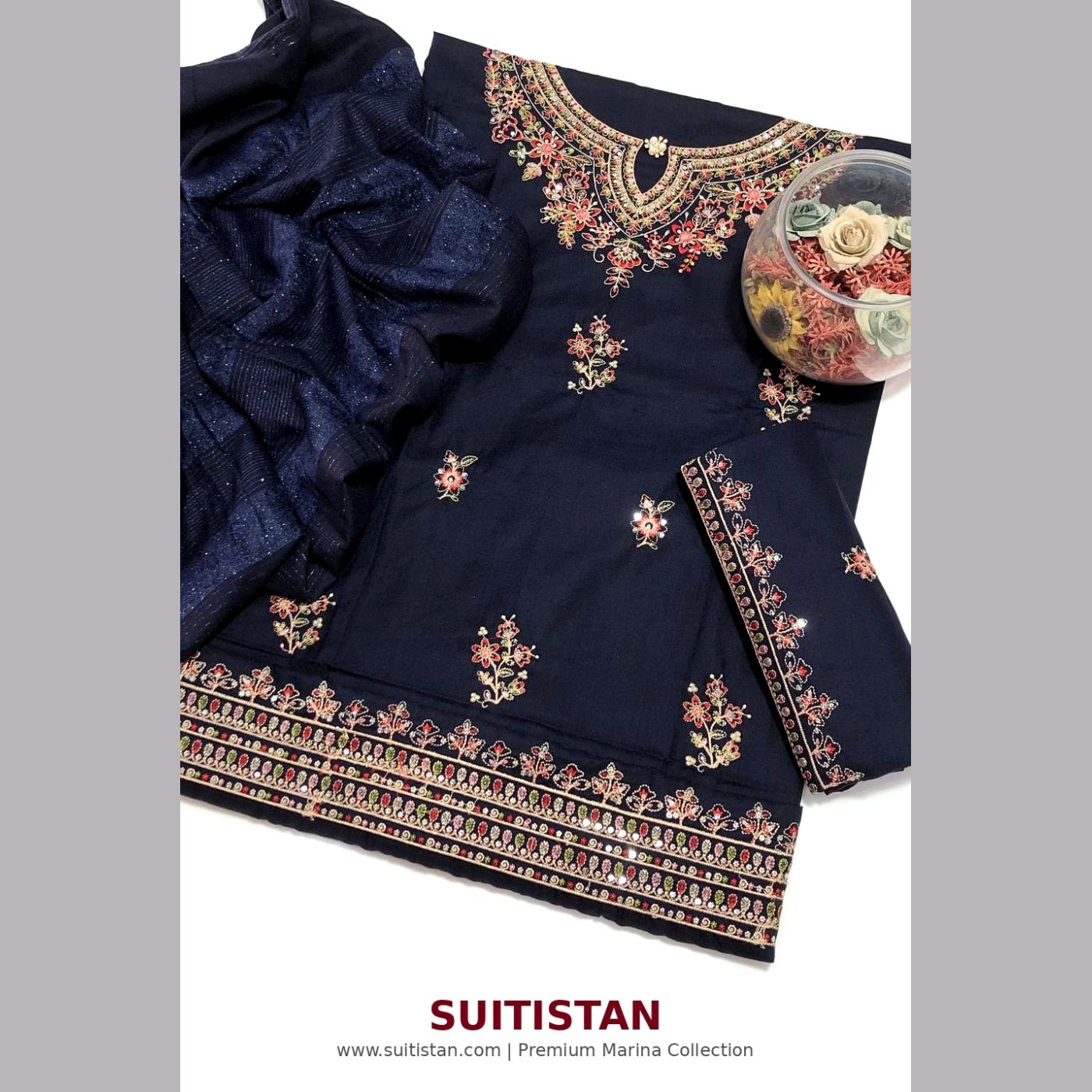 Navy Blossom - Premium 3Pc Embroidered Marina Suit - Winter Collection — photo 3