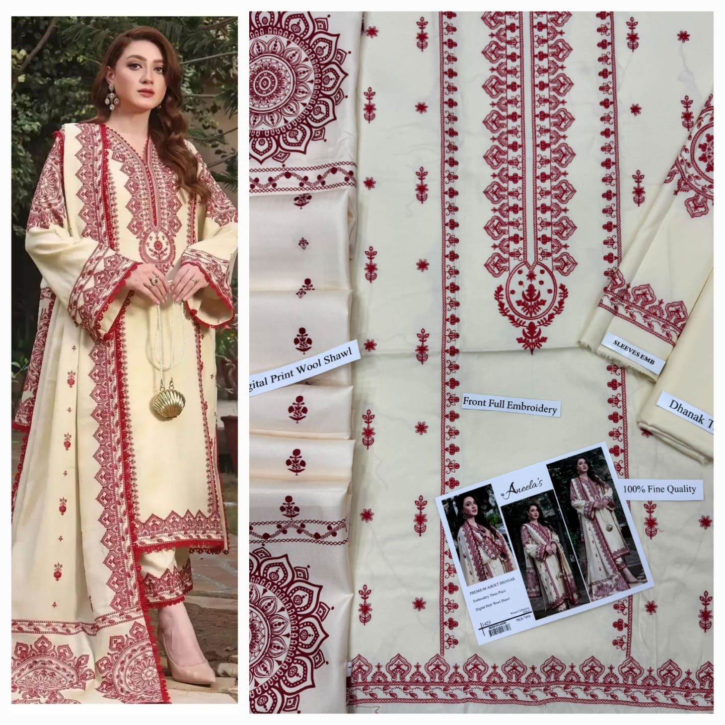 Dhanak embroidery 3piece suit