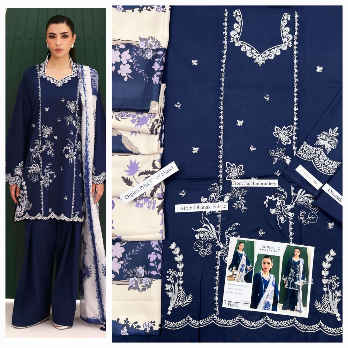 Dhanak embroidery 3piece suit