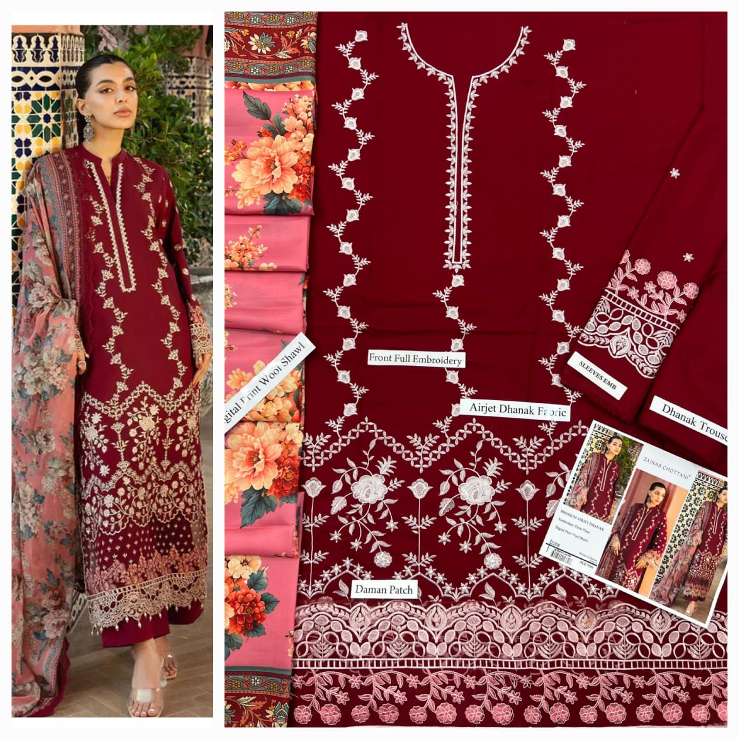 Dhanak embroidery 3piece suit
