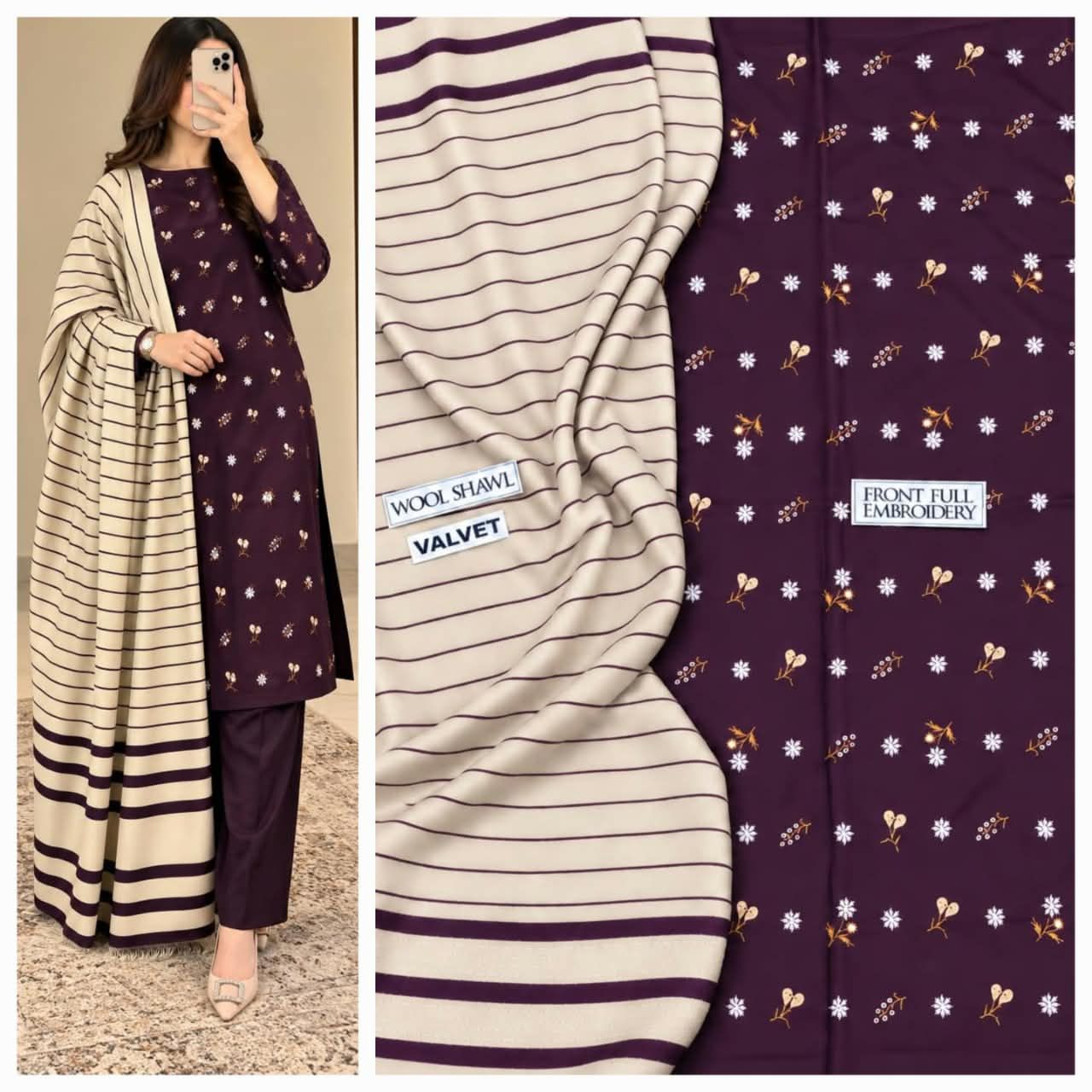 Dhanak embroidery 3piece suit