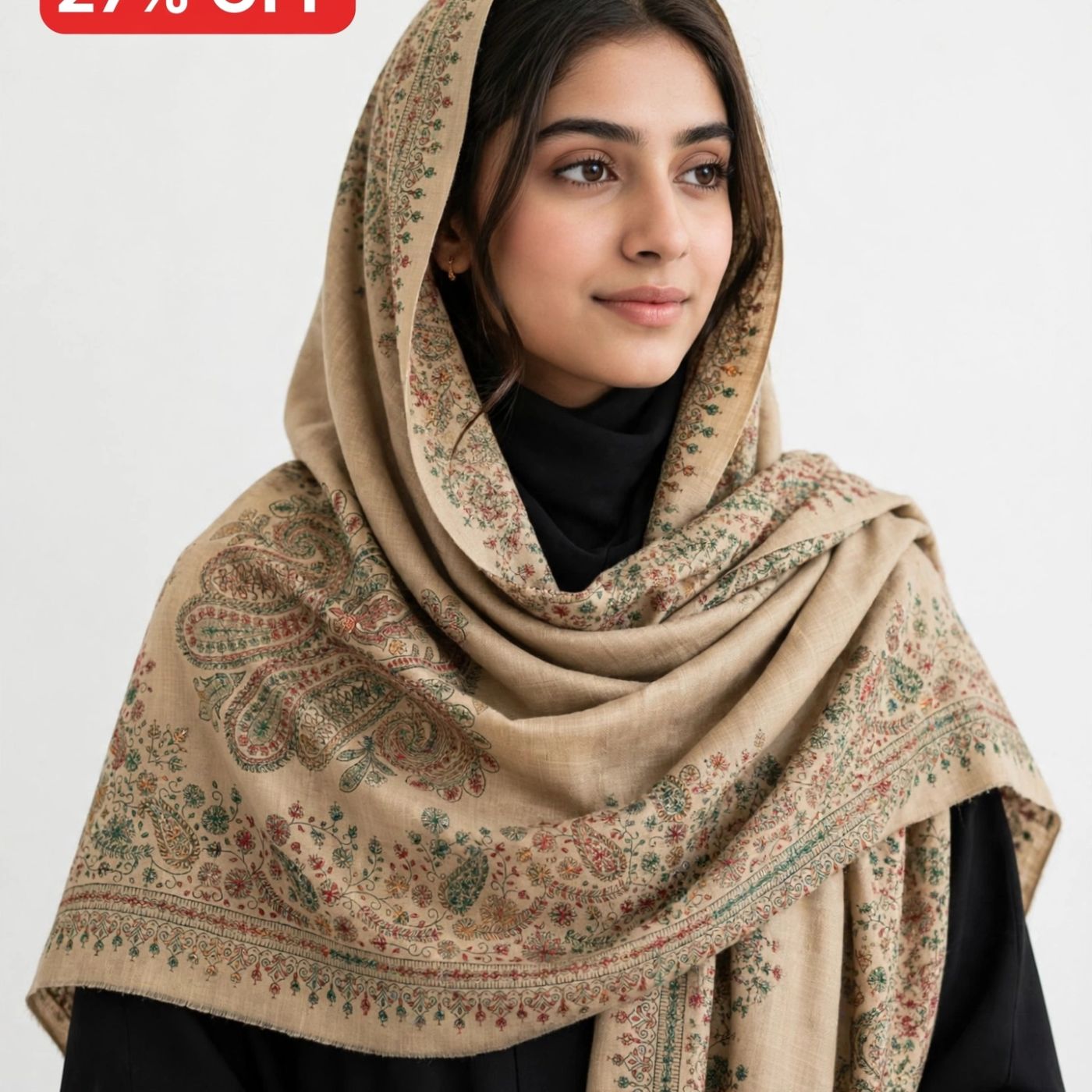 Pure Pashmina Wool Hand-Embroidered Kashmiri Shawl - Skin Beige - 27% OFF