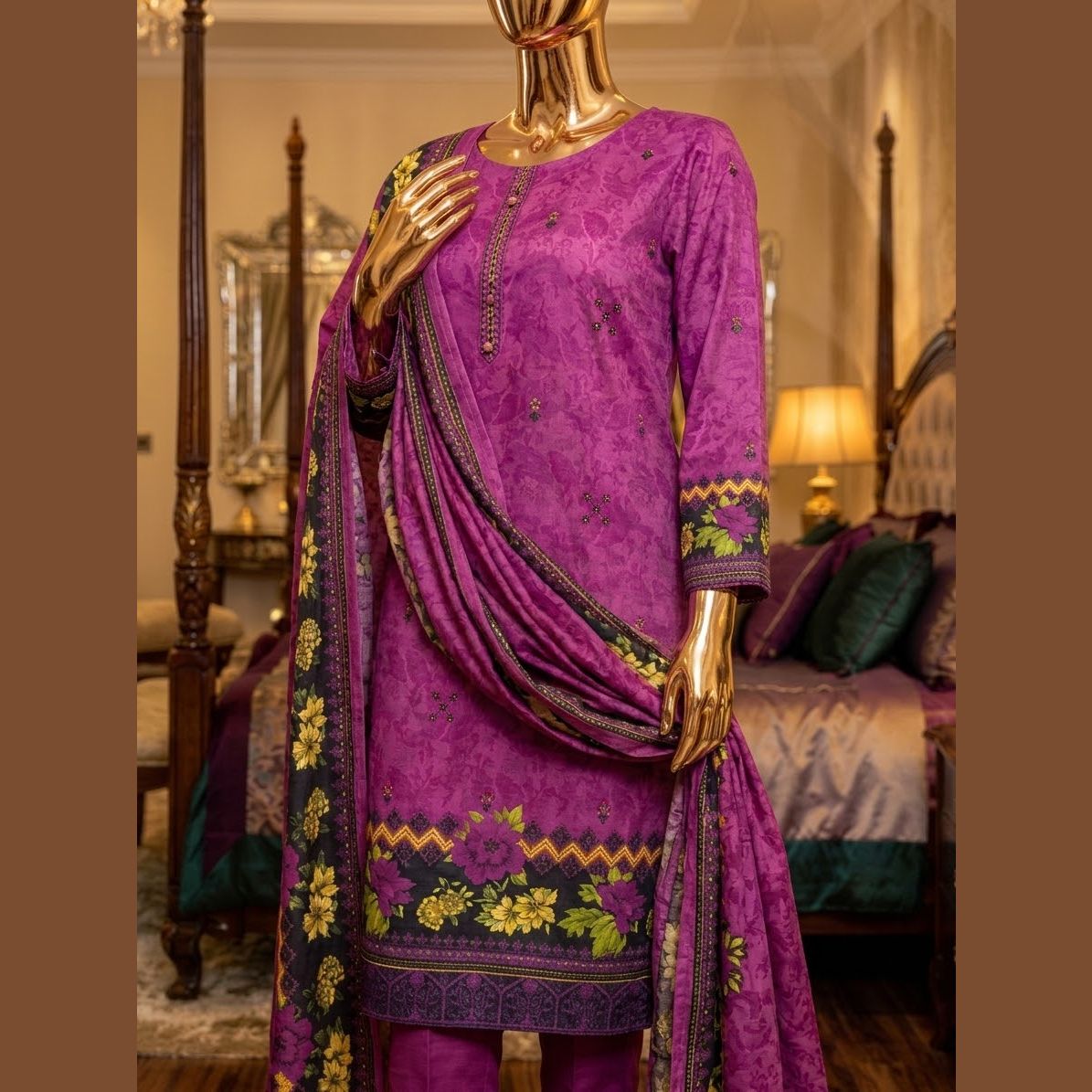 Dhanak 3-Piece Unstitched Suit, Floral Print, Wool Shawl — photo 4