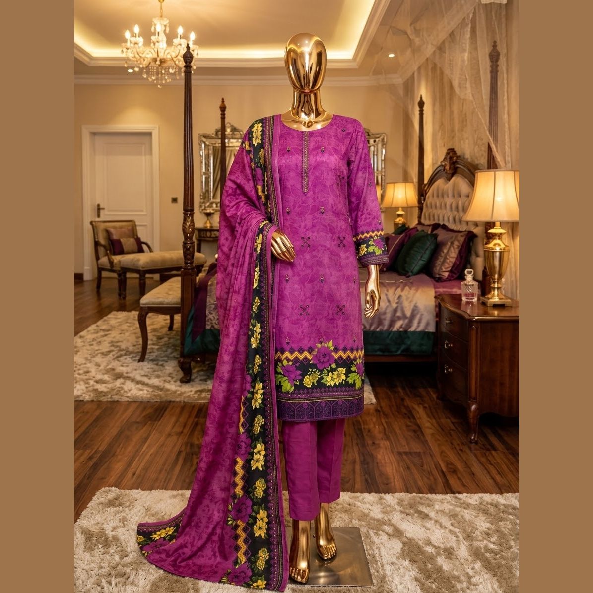 Dhanak 3-Piece Unstitched Suit, Floral Print, Wool Shawl — photo 3