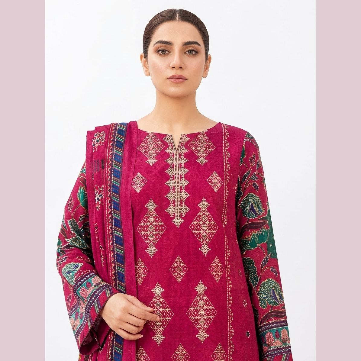 Ladies 3-Piece Unstitched Suit, Floral Print,Linen allover printed shirt,Linen printed dupatta — photo 2